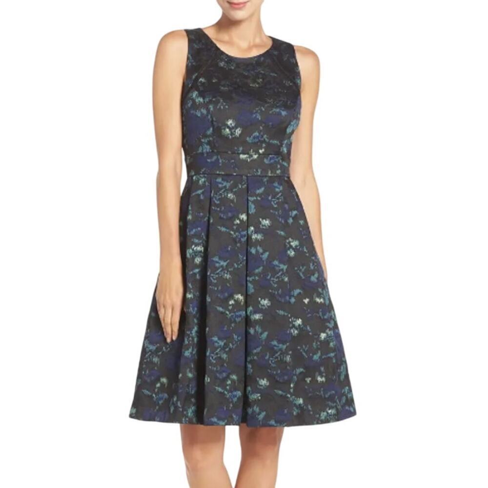 New Eliza J Leopard Print Black & Blue Metallic Fit & Flare‎ Dress 2